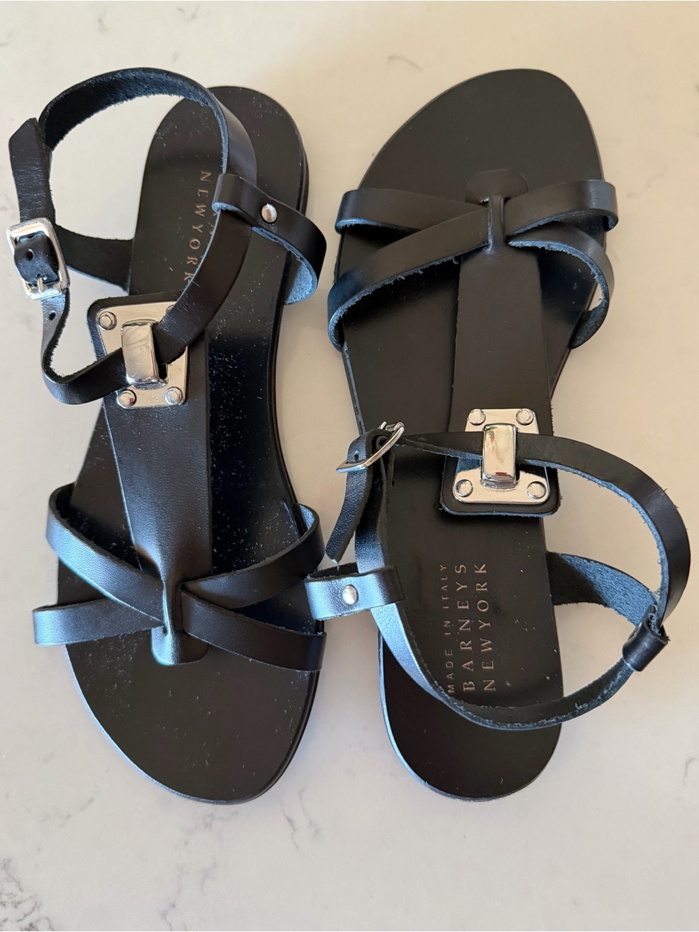 Barneys New York Black Leather Strappy Ankle Sandals
